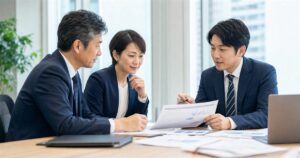福岡のBPO会社のM&A検討でコールセンターとカスタマーサポート拠点の承継資料を確認する経営者とアドバイザー