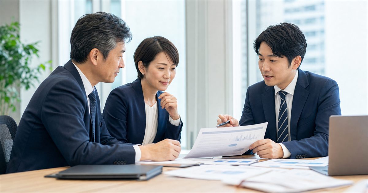 福岡のBPO会社のM&A検討でコールセンターとカスタマーサポート拠点の承継資料を確認する経営者とアドバイザー