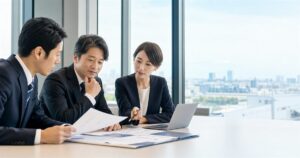 名古屋のアウトソーシング会社のM&A検討で製造業と物流系BPOの承継資料を確認する経営者とアドバイザー