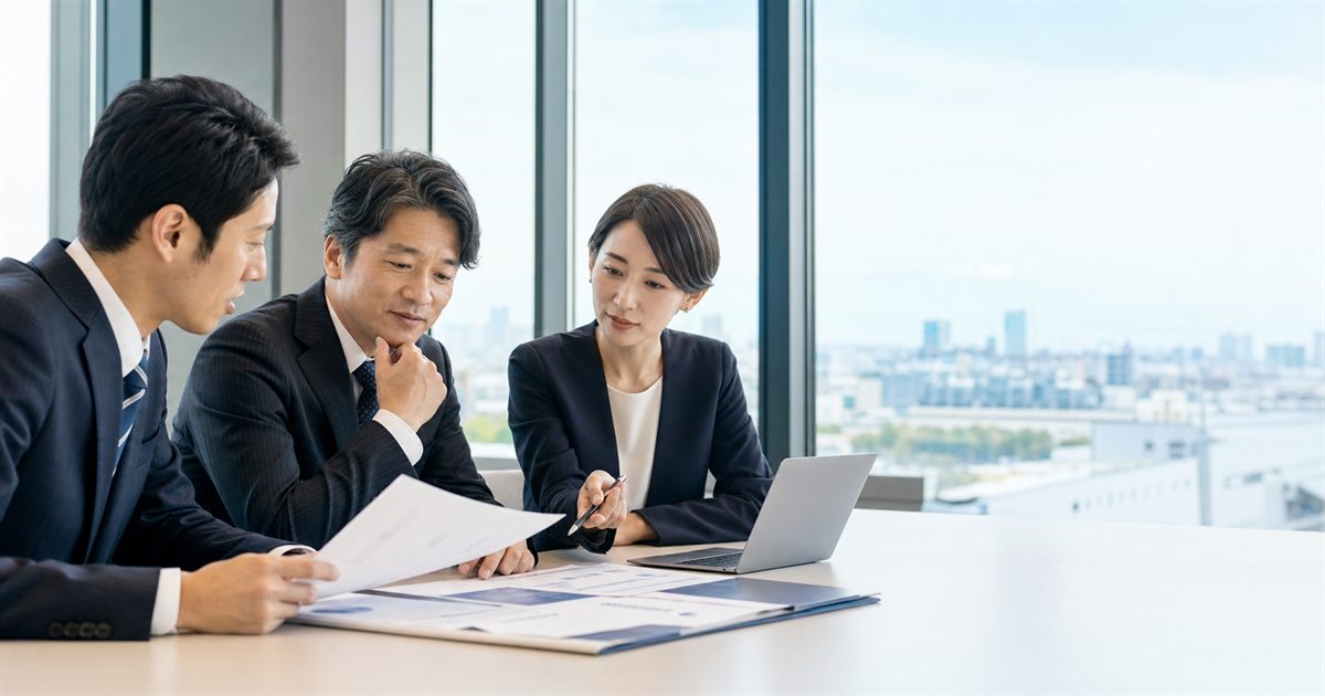 名古屋のアウトソーシング会社のM&A検討で製造業と物流系BPOの承継資料を確認する経営者とアドバイザー