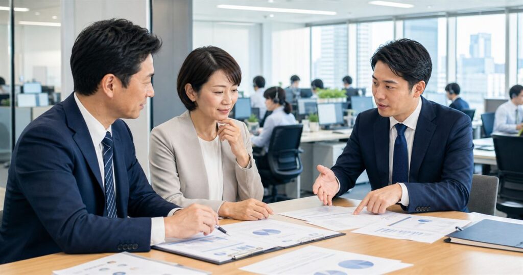 東京のコールセンターM&A検討でCX運用と在宅多拠点の承継資料を確認する経営者とアドバイザー