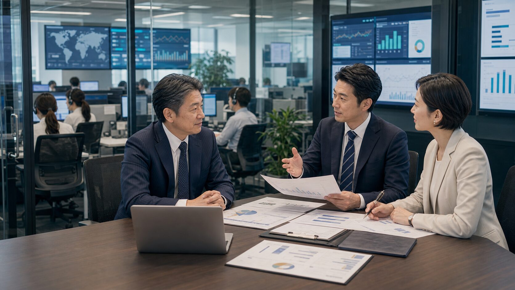 BPO会社の譲渡側と譲受企業側が運用拠点を背景にM&A相談を進めている様子