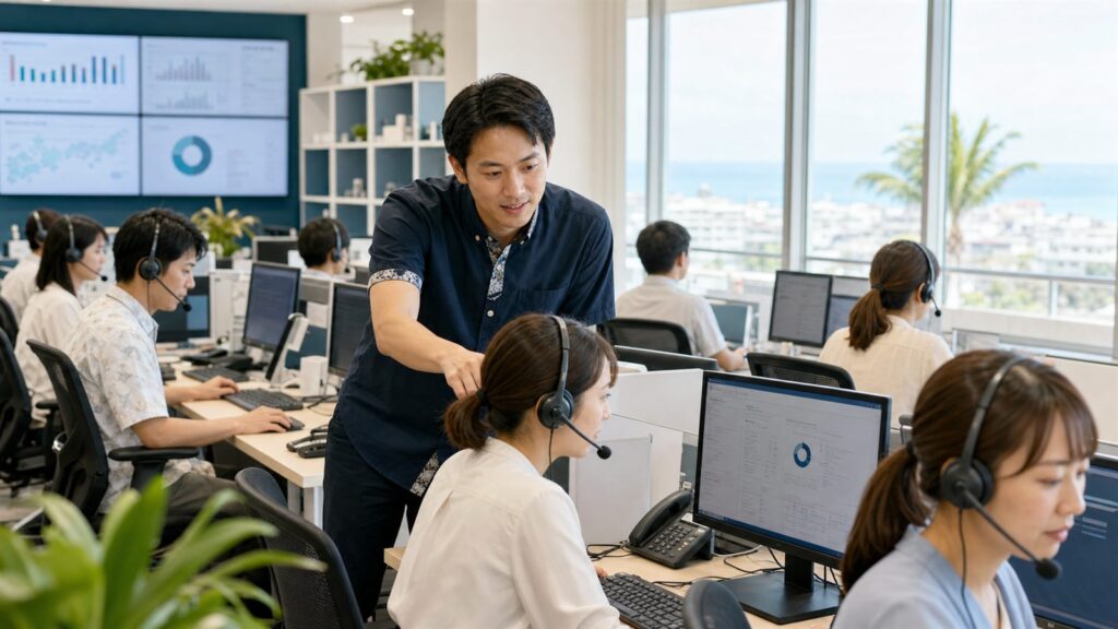 沖縄の明るいコールセンターでSVとオペレーターがKPIを確認するBPO M&Aのアイキャッチ画像