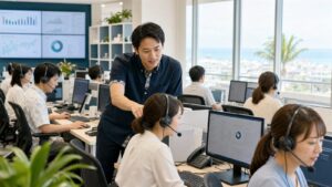 沖縄の明るいコールセンターでSVとオペレーターがKPIを確認するBPO M&Aのアイキャッチ画像