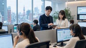 札幌のコールセンターでSVとオペレーターがKPIを確認するBPO M&Aのアイキャッチ画像