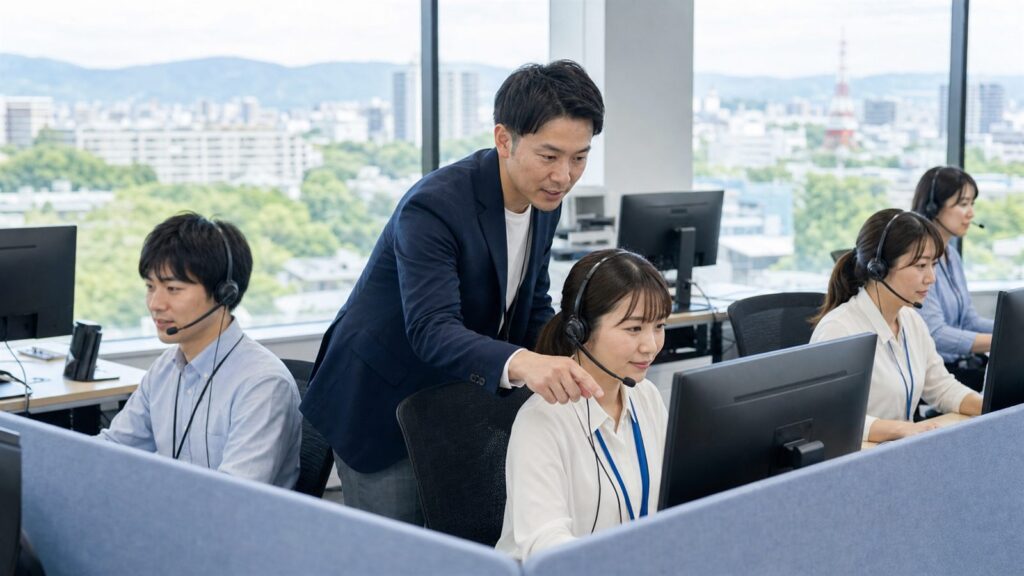 仙台の明るいITヘルプデスクBPO拠点でSVとオペレーターがSLAやKPIを確認するM&Aコラムのアイキャッチ画像