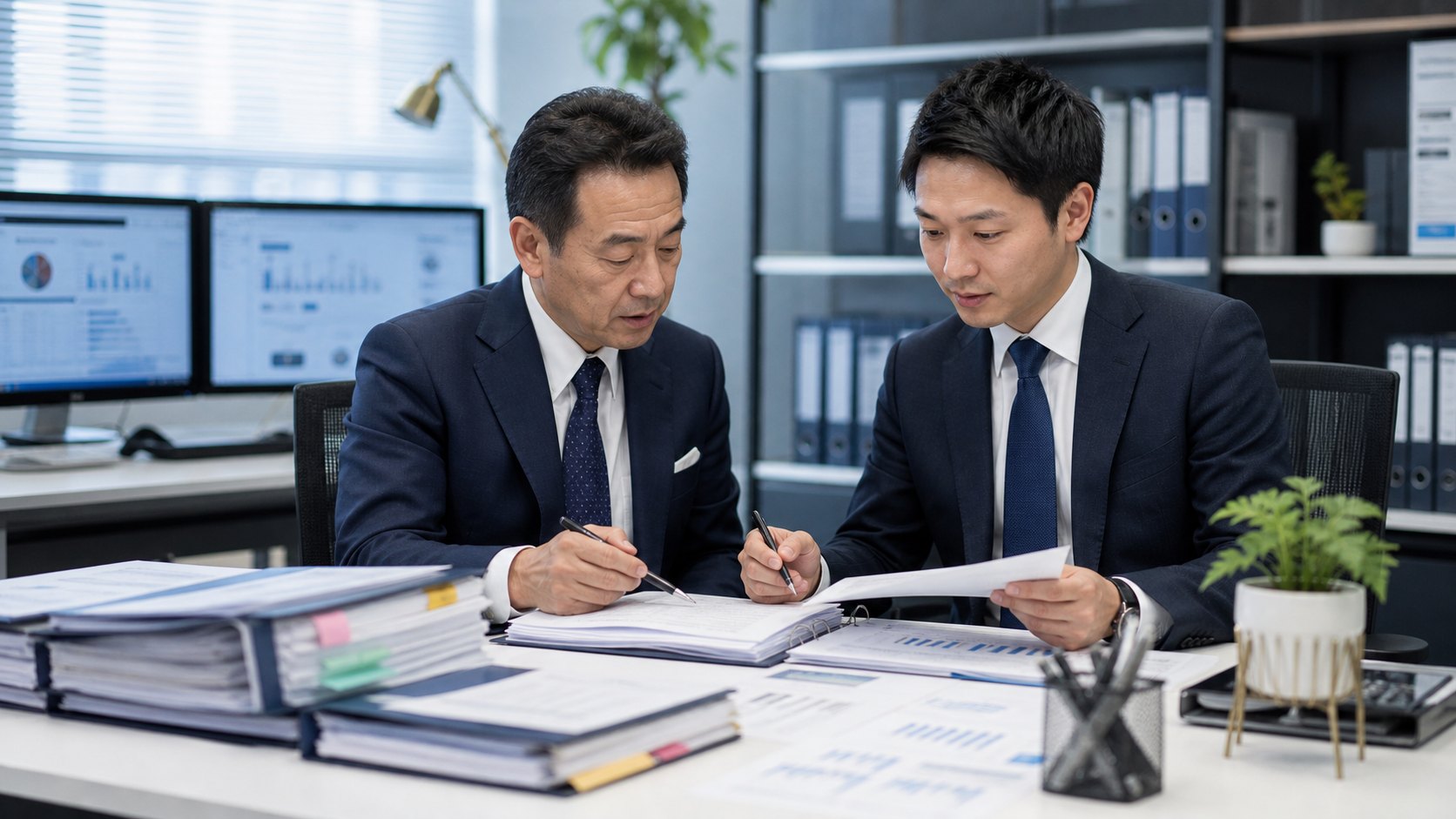 BPO会社の契約資料や品質資料を確認する経営者とアドバイザー