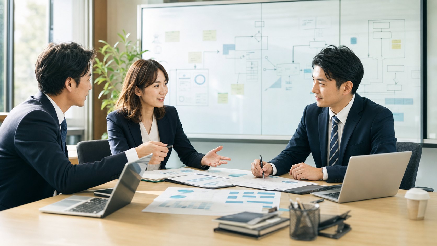 BPO業務の引継ぎとPMI計画を会議室で検討するチーム