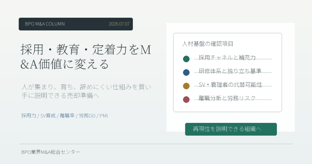 BPO会社の採用、教育、定着率、SV育成をM&A価値として整理する経営会議のイメージ