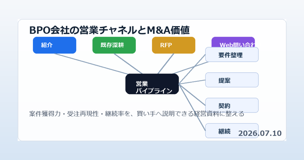 BPO会社の営業チャネル、案件パイプライン、受注再現性、継続率をM&A譲渡準備として整理する経営会議のイメージ