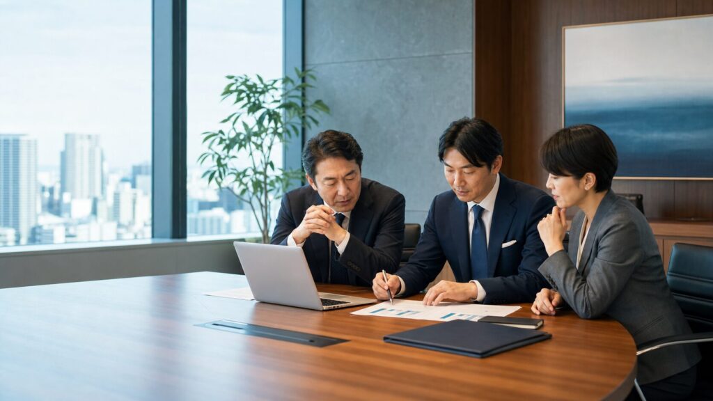 BPO会社の契約承継とチェンジオブコントロール条項を確認する経営者とM&A担当者の会議イメージ