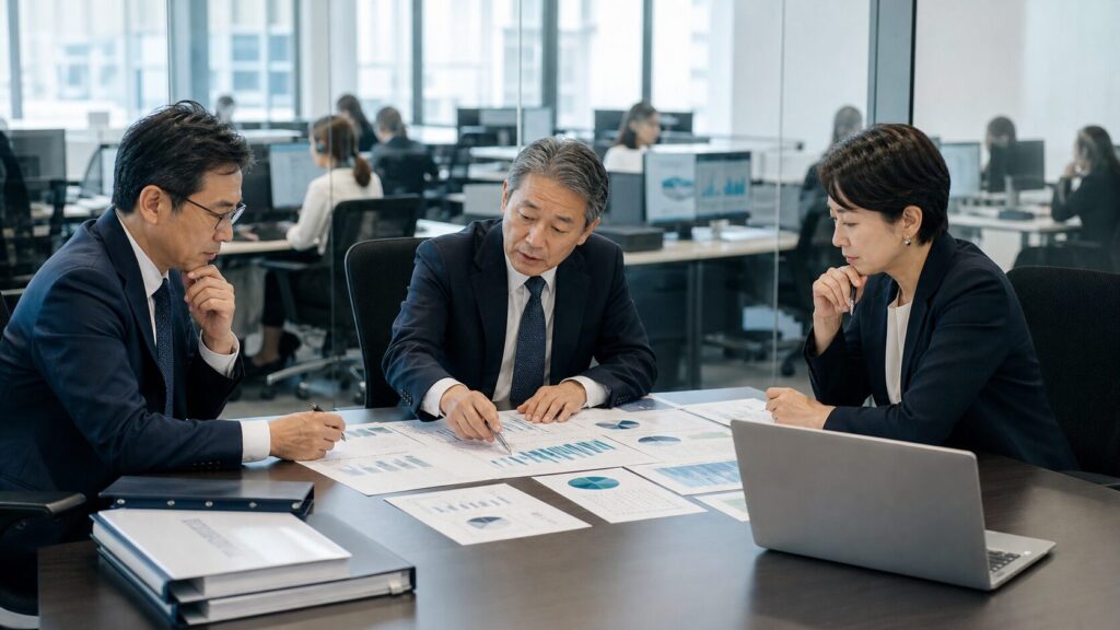 BPO会社の案件別採算と工数原価、不採算契約の改善を検討する経営会議のイメージ