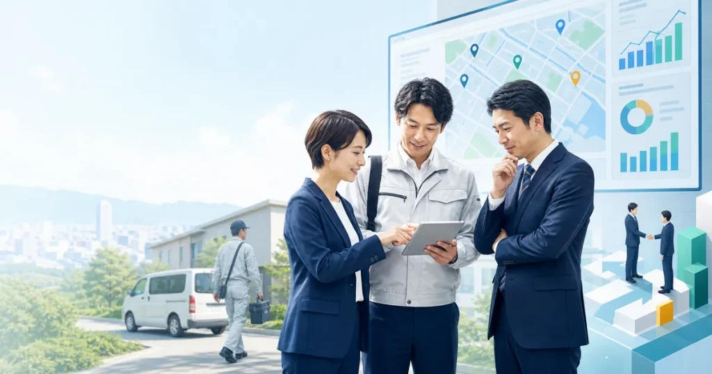 フィールド業務 M&Aの拠点網と移動生産性、事業承継を表すイメージ