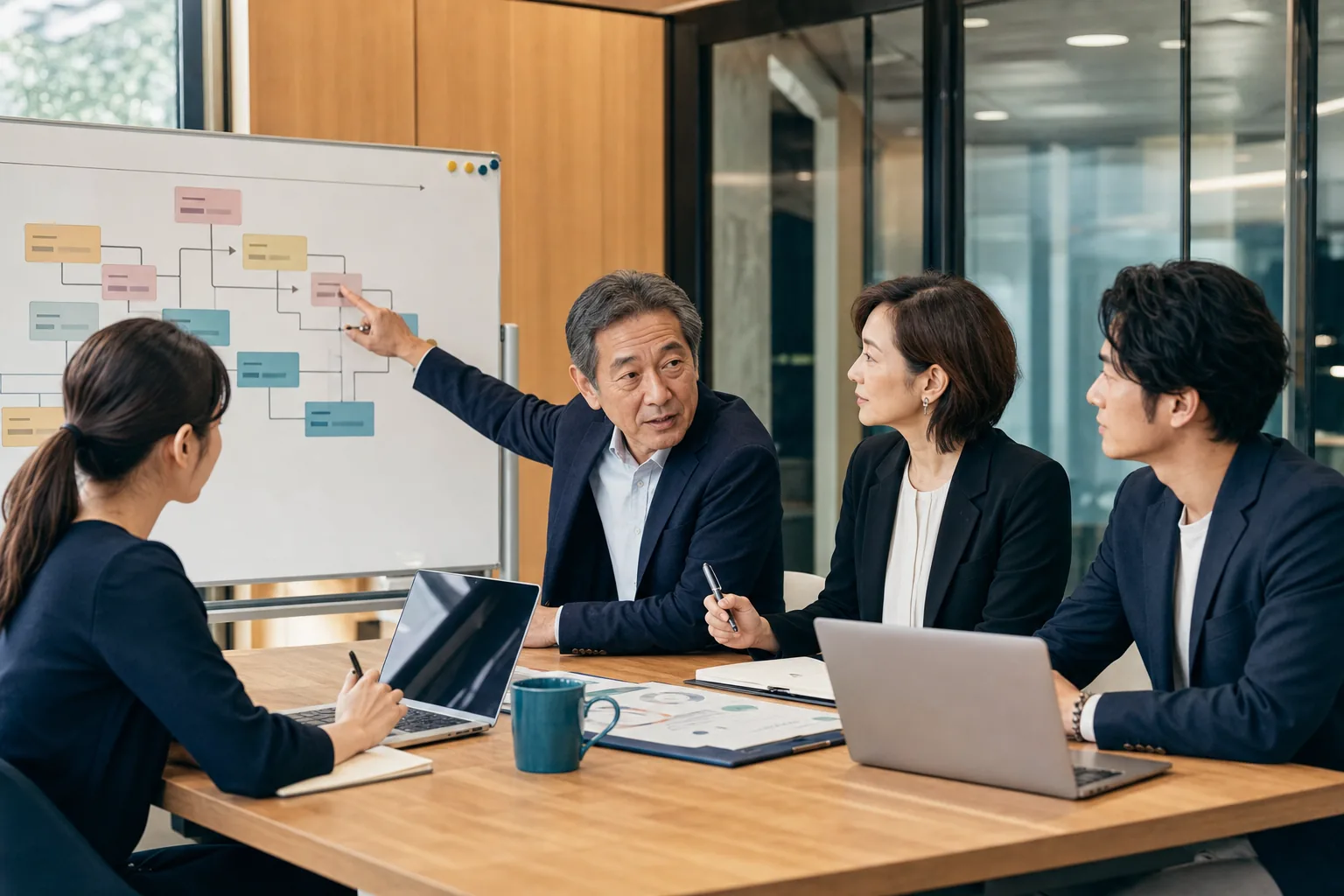 BPO会社の譲渡後を見据えて引継ぎ計画を検討する経営者と運用責任者