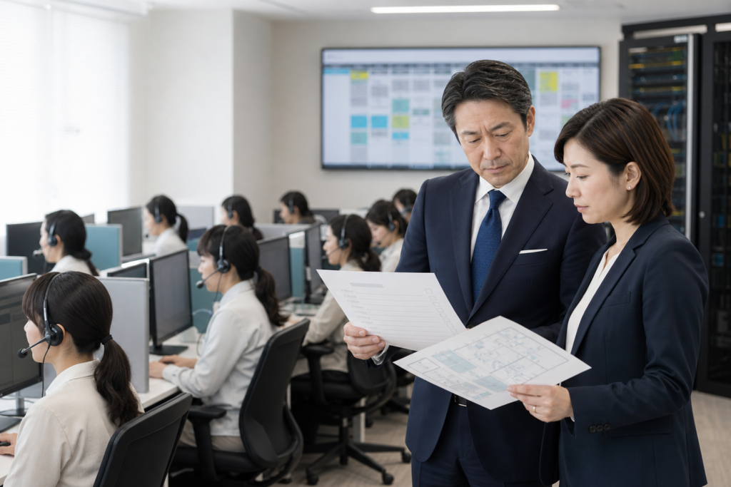多拠点コンタクトセンター会社のM&Aと事業承継計画を確認する経営者と運営責任者