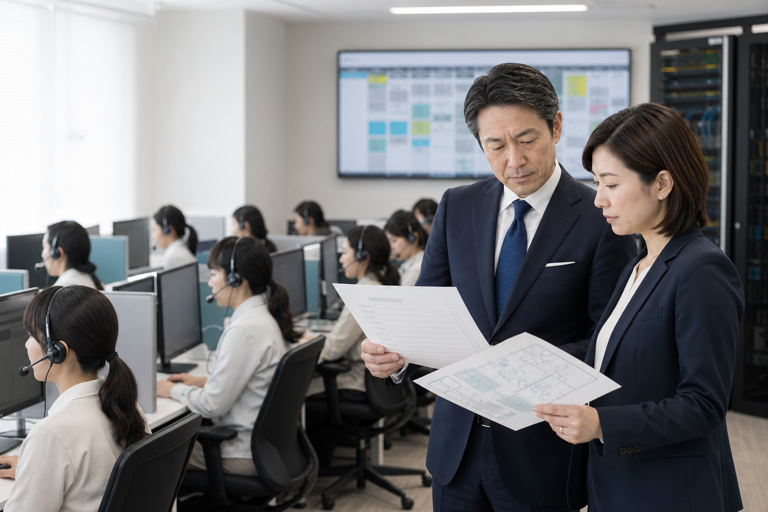 多拠点コンタクトセンター会社のM&Aと事業承継計画を確認する経営者と運営責任者