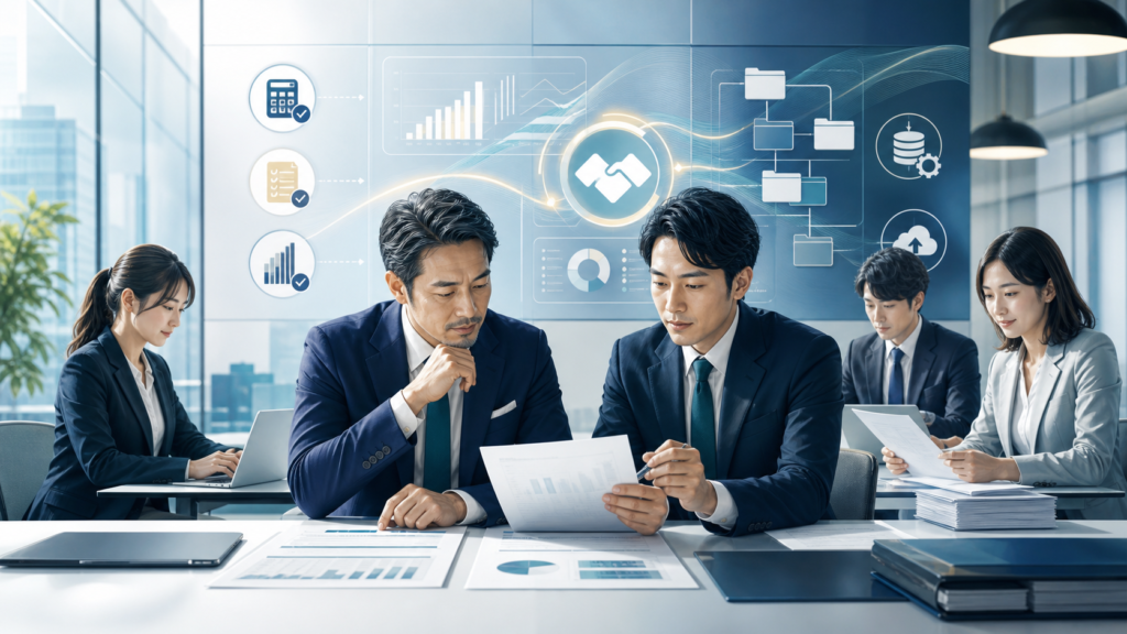 経理・財務BPO会社のM&Aに向けて業務承継計画を確認する経営者と専門チーム