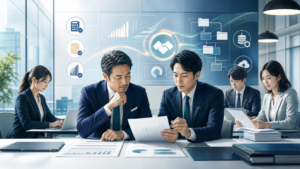 経理・財務BPO会社のM&Aに向けて業務承継計画を確認する経営者と専門チーム