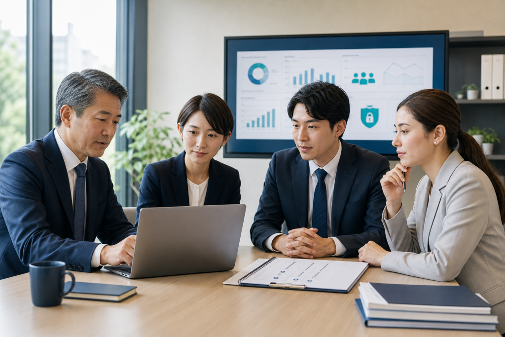 給与計算・社会保険BPO会社のM&Aに向けて業務承継計画を確認する経営者と専門チーム