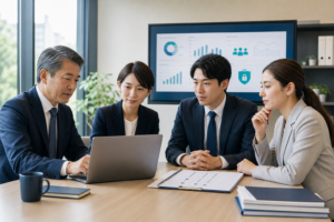 給与計算・社会保険BPO会社のM&Aに向けて業務承継計画を確認する経営者と専門チーム