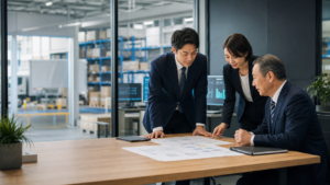受注処理・物流事務BPO会社のM&Aに向け業務フローを確認する経営者と承継チーム