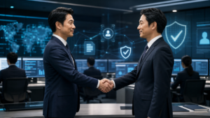 eKYC本人確認BPO会社のM&Aを象徴するセキュアな審査センターと経営者の握手