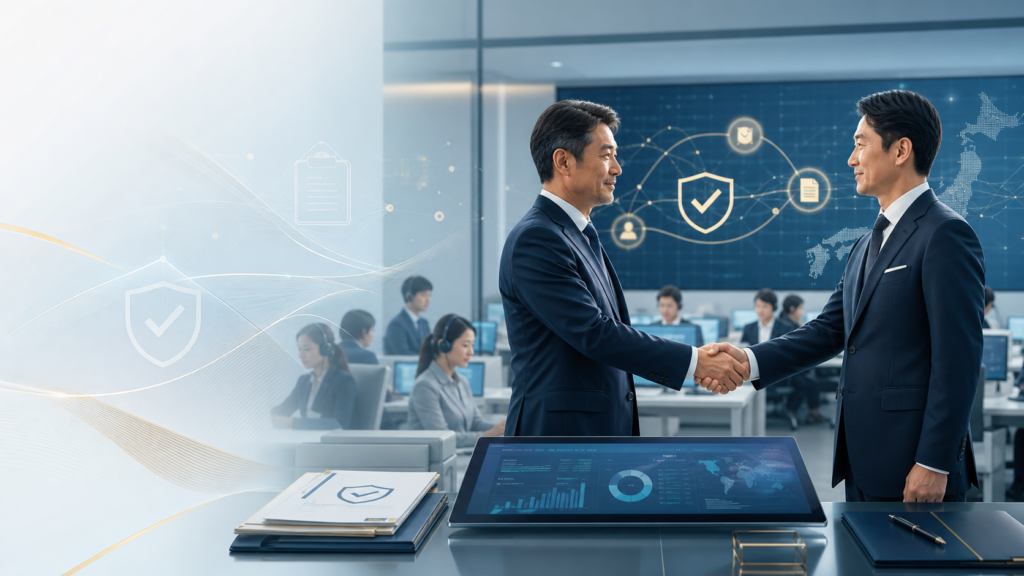 保険事務BPO会社のM&Aを象徴する業務センターと経営者の握手