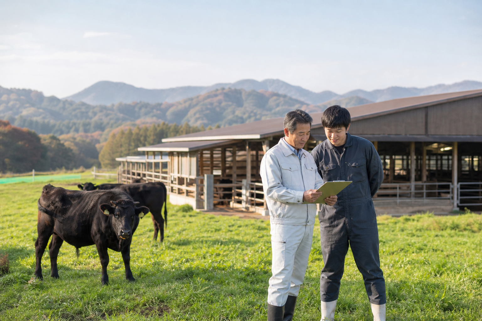 岩手県の肉用牛農場で農業法人M&Aの承継計画を確認する経営者と後継者