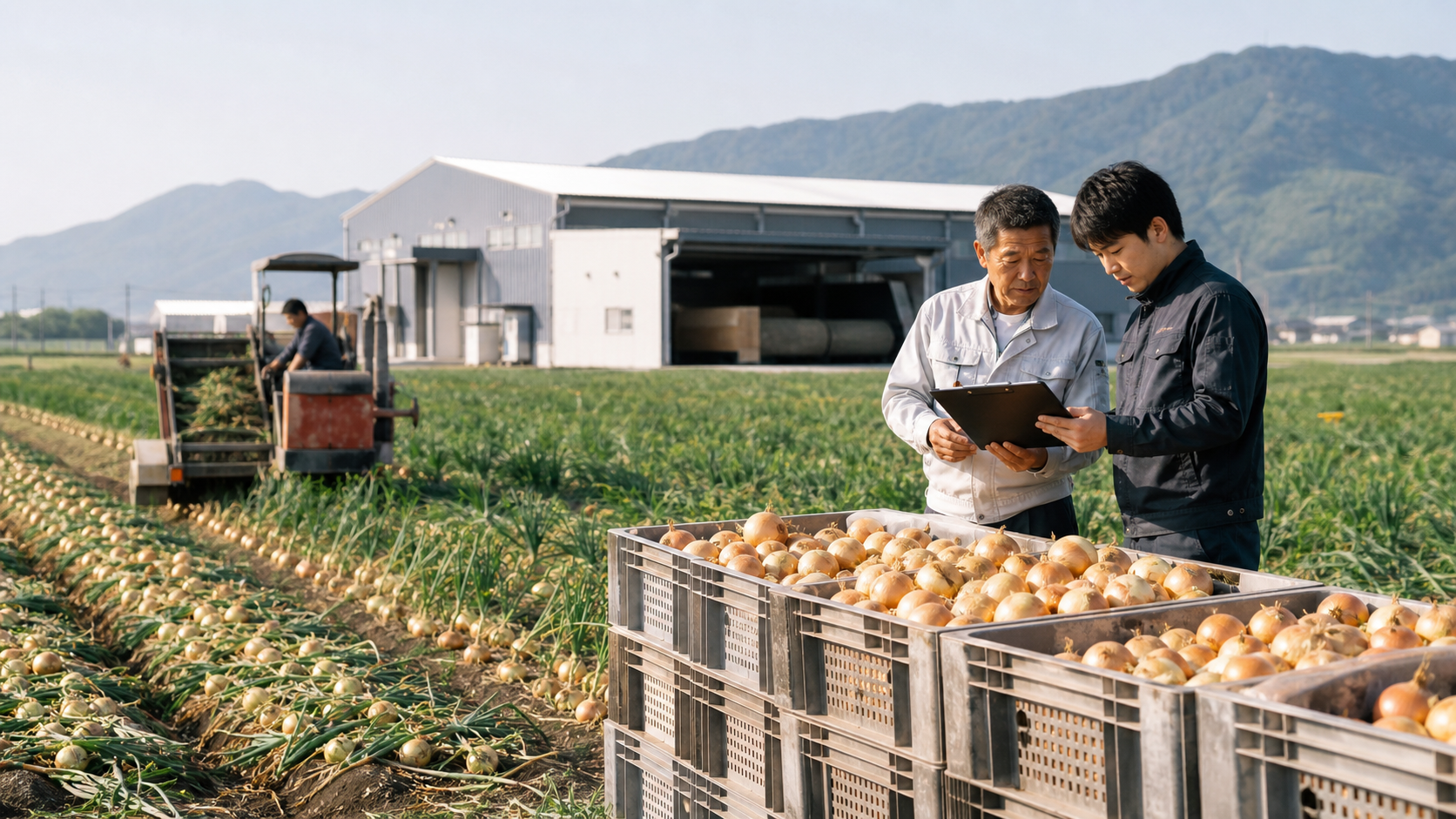 佐賀県のたまねぎ農業法人M&Aと事業承継を表す、たまねぎ畑と乾燥施設の画像
