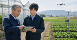 スマート農業の圃場でサービス会社M&Aの承継計画を確認する経営者と後継者