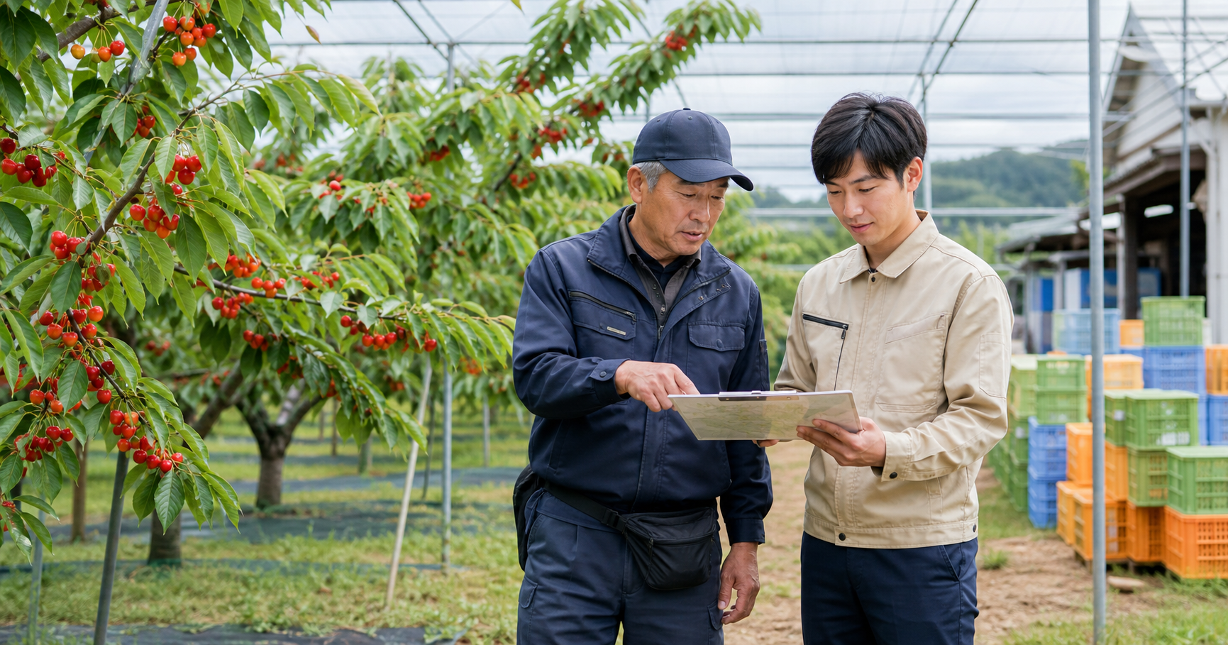 山形県のさくらんぼ園で農業法人M&Aの事業承継計画を確認する経営者と後継者