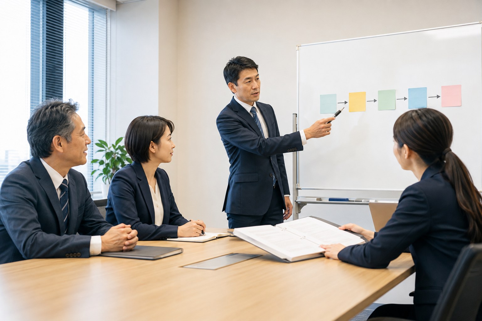 BPO業務の引継ぎと次の運営体制を共有する経営者と現場チームのイメージ