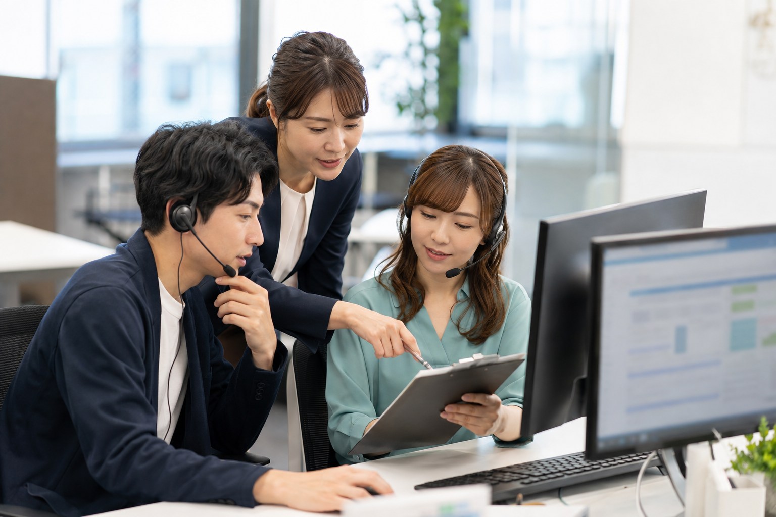 業務指標と顧客別の運営資料を確認するBPOチームのイメージ